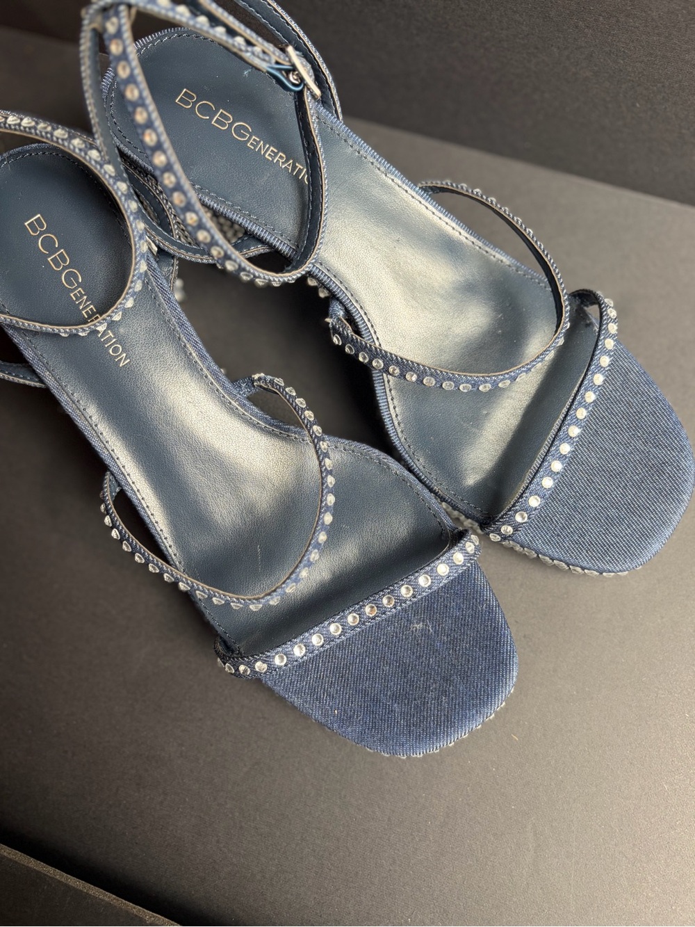 BCBGeneration Blue Rhinestone Block Heel Sandals - Picture 10 of 13
